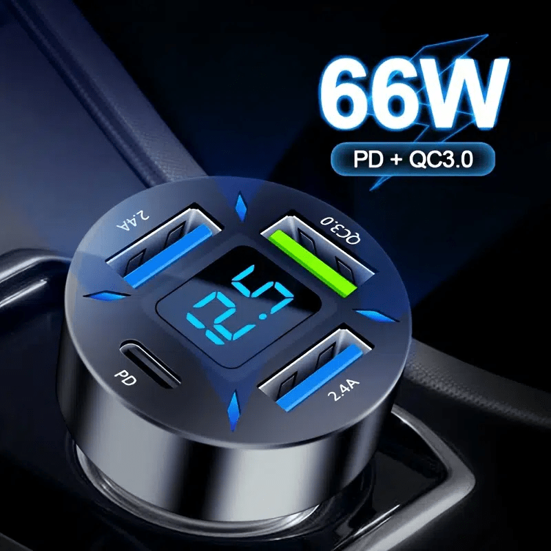 USB C Kfz Auto Ladegerät, 66W Zigarettenanzünder auf 4x USB Ladegerät Mini Schnellladung, 18W PD 12V & 12W USB Auto Steckdose KFZ Ladegerät mit LED Voltmeter für Telefon, Tablet