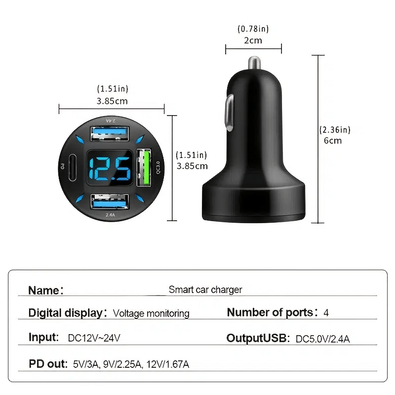 USB C Kfz Auto Ladegerät, 66W Zigarettenanzünder auf 4x USB Ladegerät Mini Schnellladung, 18W PD 12V & 12W USB Auto Steckdose KFZ Ladegerät mit LED Voltmeter für Telefon, Tablet