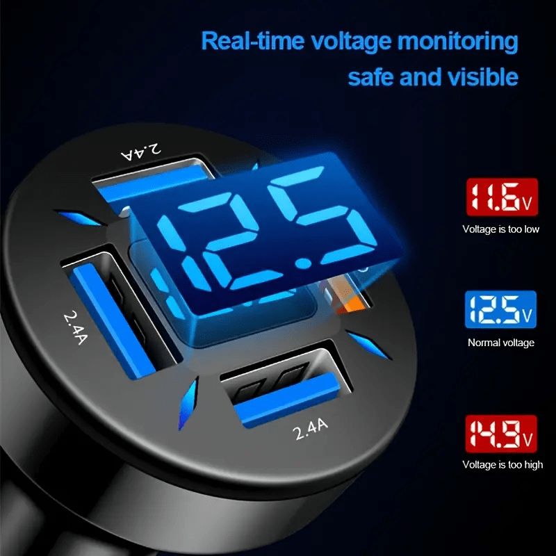 USB C Kfz Auto Ladegerät, 66W Zigarettenanzünder auf 4x USB Ladegerät Mini Schnellladung, 18W PD 12V & 12W USB Auto Steckdose KFZ Ladegerät mit LED Voltmeter für Telefon, Tablet